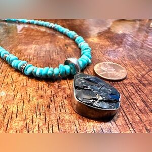 Vintage Turquoise and Shungite, Solid Sterling Pendant Necklace